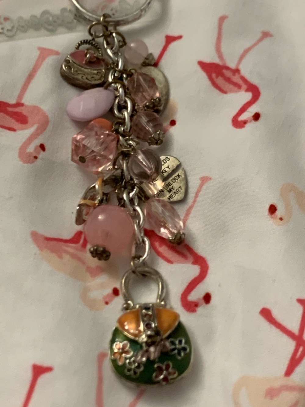 Enamel Charm Keychain with Pink and Green Accents